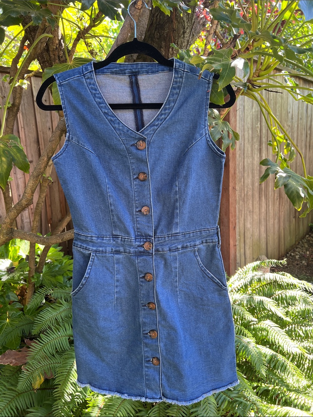 Sleeveless Button-up Denim V Neck Dress